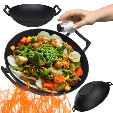 WOK ŻELIWNY 30 CM DUŻY NA INDUKCJĘ KUCHENKĘ OGNISKO PATELNIA ŻELIWNA