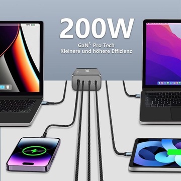 Зарядное устройство UOUCOO 200 Вт, 4 ПОРТА, 3X USB-C + USB Y368