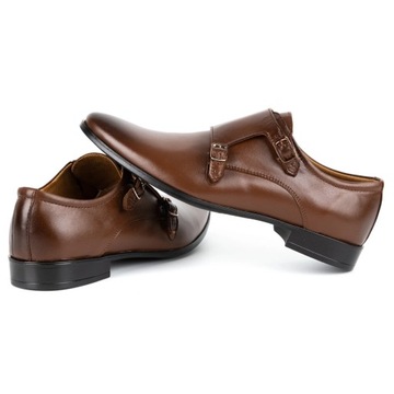 Skórzane buty wizytowe eleganckie Monki 287LU brązowe zapinane klamrami 42