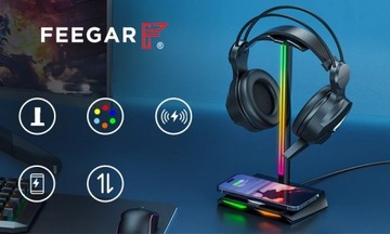 ПОДСТАВКА ДЛЯ НАУШНИКОВ FEEGAR HOLD Концентратор с RGB-подсветкой, 3x USB Type-C, индукционный