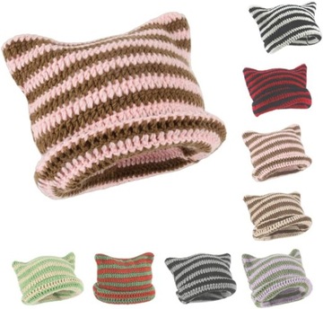 Женская вязаная шапка-бини в полоску, Y2K Готическая вязаная крючком шапка с кошачьими ушками,