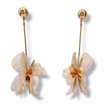 Kolczyki kwiaty jedwabne długie wiszace eleganckie beżowo złote