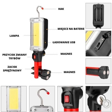 COB СВЕТОДИОДНАЯ ЛАМПА ДЛЯ МАСТЕРСКОЙ С МАГНИТОМ И КРЮКОМ 700 ЛМ МОБИЛЬНАЯ ПОРТАТИВНАЯ