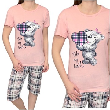 Женская розовая пижама с короткими рукавами, брюки в клетку 3/4, мишка S