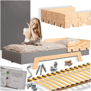 Łóżko Dziecięce Drewniane Pojedyncze Puzzle BR1 190x80 cm Szare ze Stelażem