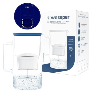 Szklany dzbanek filtrujący z licznikiem LED Wessper + 1x Filtr Aquamax