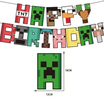 MINECRAFT BALONY GIRLANDA TOPPER TOPPERY OBRUS PIXEL STEVE URODZINY ZESTAW