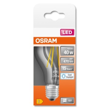 Светодиодная лампа E27 A60 4Вт = 40Вт 6500К НИТЬ OSRAM
