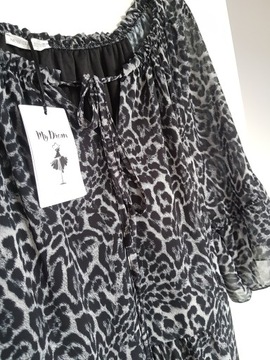 Sukienka długa panterka leopard maxi szara L 42 XL Falbany cętki