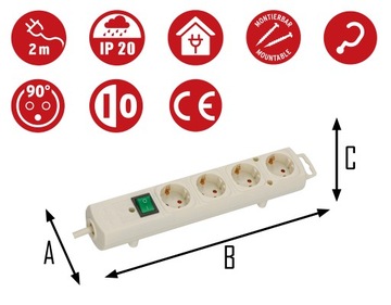 Удлинитель с ПЛОСКОЙ вилкой POWER STRIP 4 Schuko SOCKETS БЕЛЫЙ 2м