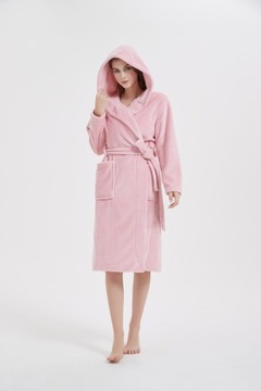 SZLAFROK DAMSKI CIEPŁY Z KAPTUREM MIKROFIBRA RÓŻOWY PUDROWY S/M CARLO