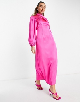 DESIGN Różowa satynowa sukienka maxi kopertowa M