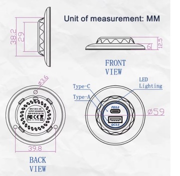USB-зарядное устройство PD3.0 QC3.0 Монтаж 12В 24В Светодиод Синий Круглый 48Вт