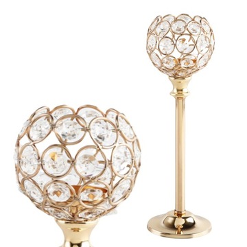 ŚWIECZNIK AŻUROWY Z KRYSZTAŁKAMI LAMPION GLAMOUR NA ŚWIECZKĘ ZŁOTY 27cm
