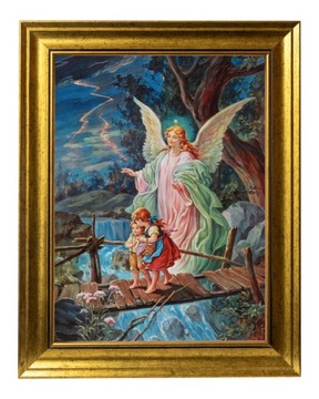 ANIOŁ STRÓŻ | SAKRALNY OBRAZ NA PŁÓTNIE W ZŁOTEJ ZDOBIONEJ RAMIE 30X40