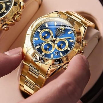 OLEVS Luksusowy zegarek męski analogowy złoto niebieski