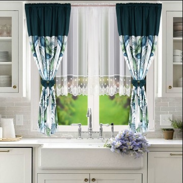 КОМПЛЕКТ ШТОР С ГОЛУБЫМИ ЛИСТЬЯМИ + ГОТОВАЯ ШТОРНАЯ ВУАЛЬ 400х160 С ЛЕНТОЙ