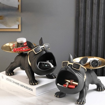 BULDOG FRANCUSKI RZEŹBA FIGURKA PSA STATUA SKARBONKA Z TACAMI ZŁOTE PREZENT
