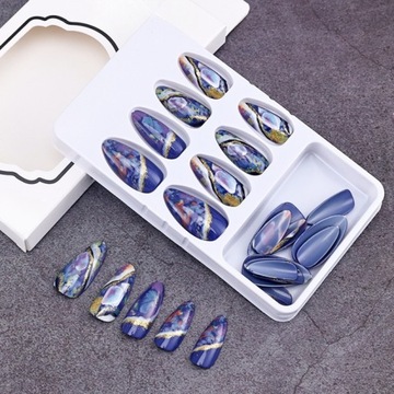 НАКЛЕЙЧИВЫЕ НАКЛЕЙКИ ДЛЯ НАСКОРЕННЫХ НОГТЕЙ МИНДАЛЬ ГОЛУБОЕ ЗОЛОТО САМОКЛЕЯЩИЙСЯ ГЕЛЬ 24 ШТ.