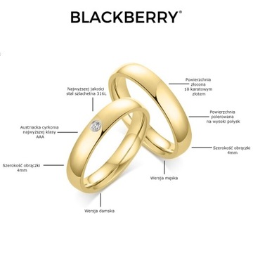 OBRĄCZKI ŚLUBNE ZŁOTE STAL 316L KOMPLET OBRĄCZEK PARA BLACKBERRY KO18