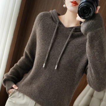 100% Merino Wool Sweater Slim Hooded Women Clothin