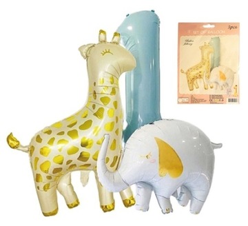 BALONY NA ROCZEK ŻYRAFA SŁOŃ CYFRA 1 NIEBIESKI ZWIERZĄTKA ZOO CHŁOPCA