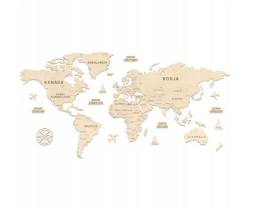 Деревянное настенное украшение КАРТА МИРА 3D ПОЛИТИЧЕСКАЯ 180см + АКСЕССУАРЫ XXL