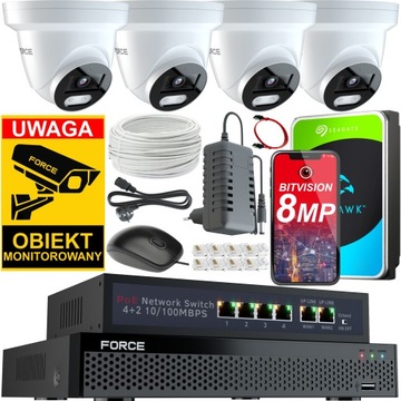 FORCE Zestaw monitoringu 4x Kamera IP 8MPx 4K, DYSK 1TB + SWITCH POE
