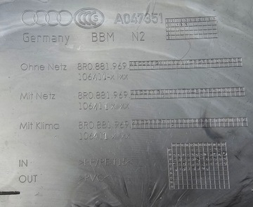 AUDI A4 A5 A6 A7 Q3 Q5 VW TOUAREG KRYT SEDADLA MŘÍŽKA 8R0881969H