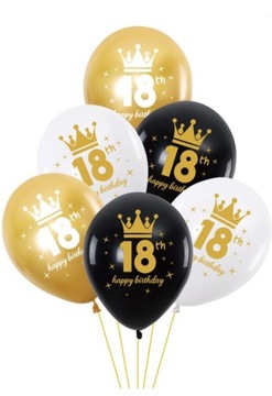 BALONY NA 18 lat URODZINY CZARNO BIAŁO ZŁOTE Ds