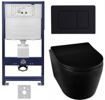 ZESTAW MISA WC RIMLESS CZARNA MAT DESKA SLIM STELAŻ PRZYCISK MATA
