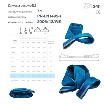 Zawiesie pasowe taśmowe 8T 240mm 12 metrów z pętlami typ B2 polski produkt