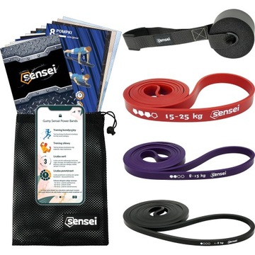 ZESTAW 3 GUM DO ĆWICZEŃ POWER BANDS +UCHWYT, Gumy Oporowe do Ćwiczeń Sensei