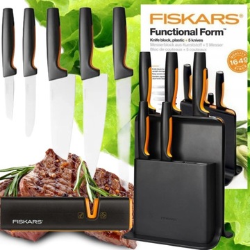 ZESTAW 5 NOŻY W BLOKU FISKARS CZARNE KOMPLET NOŻE KUCHENNE OSTRE+ OSTRZAŁKA