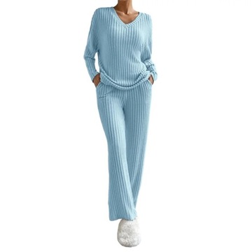 Solid Women Fall Winter Pajamas Set 2Pcs V Neck Lo