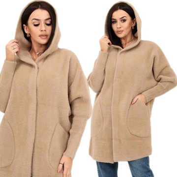 ALPAKA DAMSKA PŁASZCZ KURTKA SWETER CIEPŁA DŁUGA KAPTUR SUWAK CAMELOWY 1946