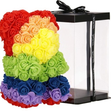 МЕДВЕДЬ С РОЗАМИ 30 СМ РОЗА МИШКА С ЛЕТЕСТЯМИ РОЗ БАНТ ПОДАРОЧНАЯ КОРОБКА+20LED