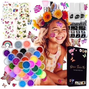 TATUAŻE BROKATOWE DLA DZIECI ZMYWALNE GLITER TATOO ZESTAW SZABLONY ŚWIECĄCE