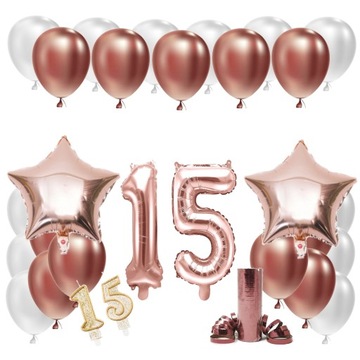 ZESTAW BALONY 15 URODZINY ROSE GOLD ROCZNICA ŚLUBU 100 CM