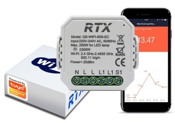 RTX Moduł TUYA Przekaźnik WiFi dopuszkowy POMIAR ENERGII