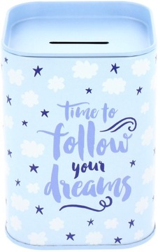 ПРЯМОУГОЛЬНАЯ МЕТАЛЛИЧЕСКАЯ КОПИЛКА ОТКРЫТАЯ ДЛЯ ДЕНЕГ, СИНЯЯ БАНКА