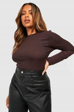 Boohoo nys rękaw Brązowe stringi długi body prążki 52 NG2