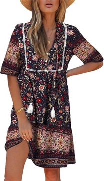 Czarna sukienka kwiaty boho luźna plażowa rayon M 38