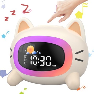 BUDZIK CYFROWY ZEGAR KOT LAMPKA NOCNA LED RGB PODWÓJNY ALARMY DLA DZIECI