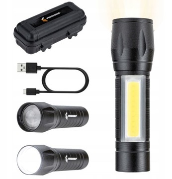 LATARKA TAKTYCZNA LED ZOOM KLIPS BOCZNY REFLEKTOR COB AKUMULATOROWA USB