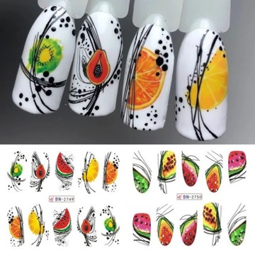 NAKLEJKI WODNE do zdobień na paznokcie arkusz 12 wzorów owoce neonowe lato
