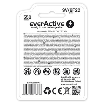 аккумулятор EverActive 550 мАч 6f22 9 В, готовый к использованию USB тип C, литий-ионный МОЩНЫЙ