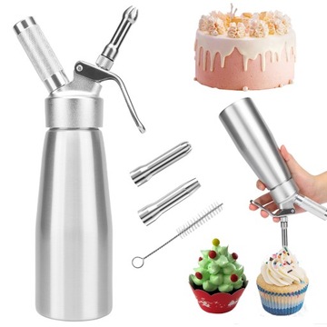 PREMIUM ALUMINIOWY DOZOWNIK DO BITEJ ŚMIETANY, 500 ML, Z 3 DYSZAMI, KREMU