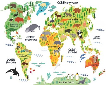 DUŻA NAKLEJKA NA ŚCIANĘ MAPA ŚWIATA ZE ZWIERZĘTAMI