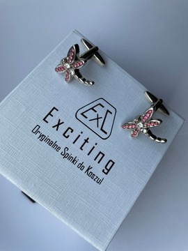 Srebrne męskie spinki do mankietów EXC Ważka i wrzosowe cyrkonie